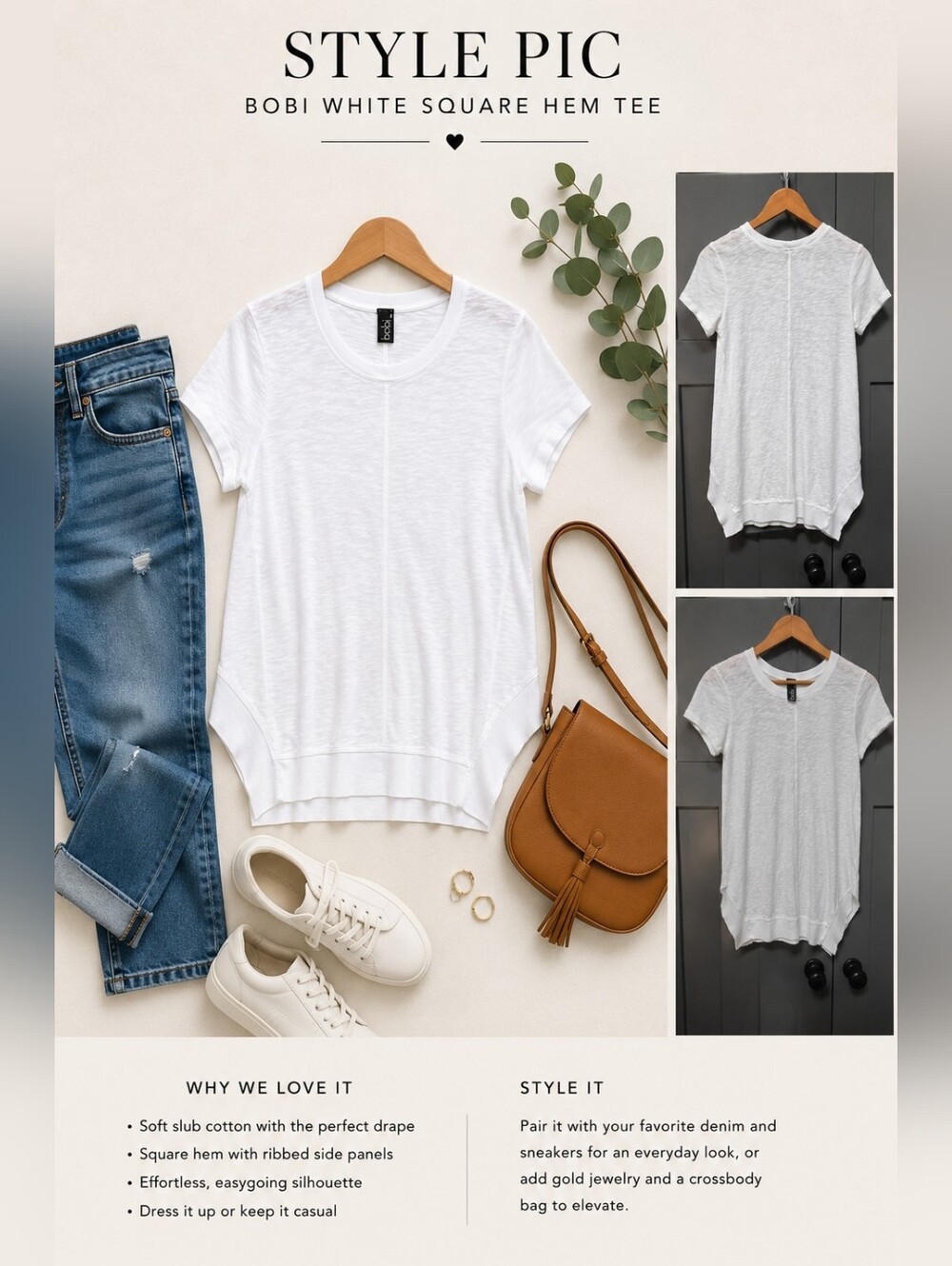 Bobi Los Angeles White Slub Cotton Square Hem Tee XS